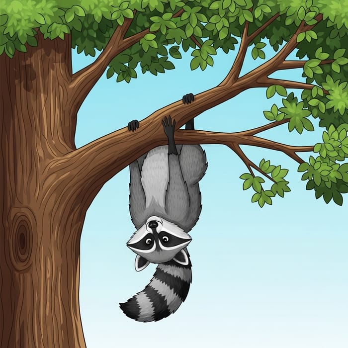 Raccoon Hanging Upside Down in Tree - Fun Illustration Raccoon Hanging Upside Down in Tree - Fun Illustration