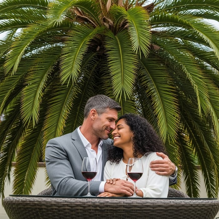 Tropical Romance: Intimate Wine Lovers Embracing Under Green Palm Tropical Romance: Intimate Wine Lovers Embracing Under Green Palm