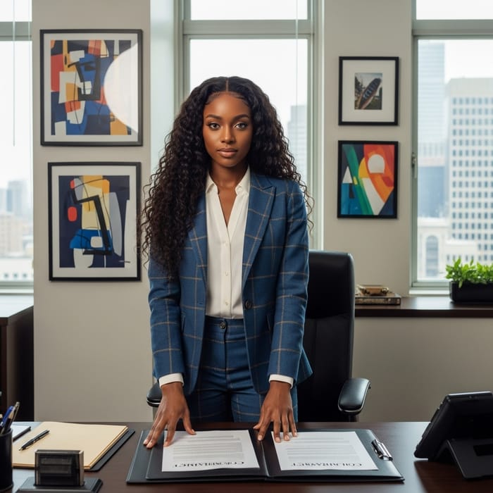 Elegant African Descent Woman in Stylish Business Suit at Modern Office Elegant African Descent Woman in Stylish Business Suit at Modern Office
