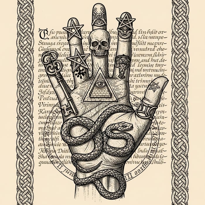 Victorian Era Hand Illustration with Key, Skull, Eye, Star & Snake