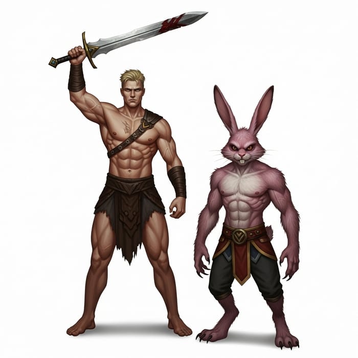 He Man vs Plundor: Epic Fantasy Battle with Muscular Hero and Evil Rabbit He Man vs Plundor: Epic Fantasy Battle with Muscular Hero and Evil Rabbit