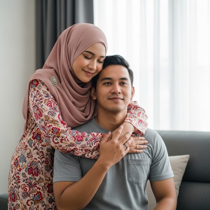 Malaysian Couple Embracing: Love at Home with Traditional Attire Malaysian Couple Embracing: Love at Home with Traditional Attire