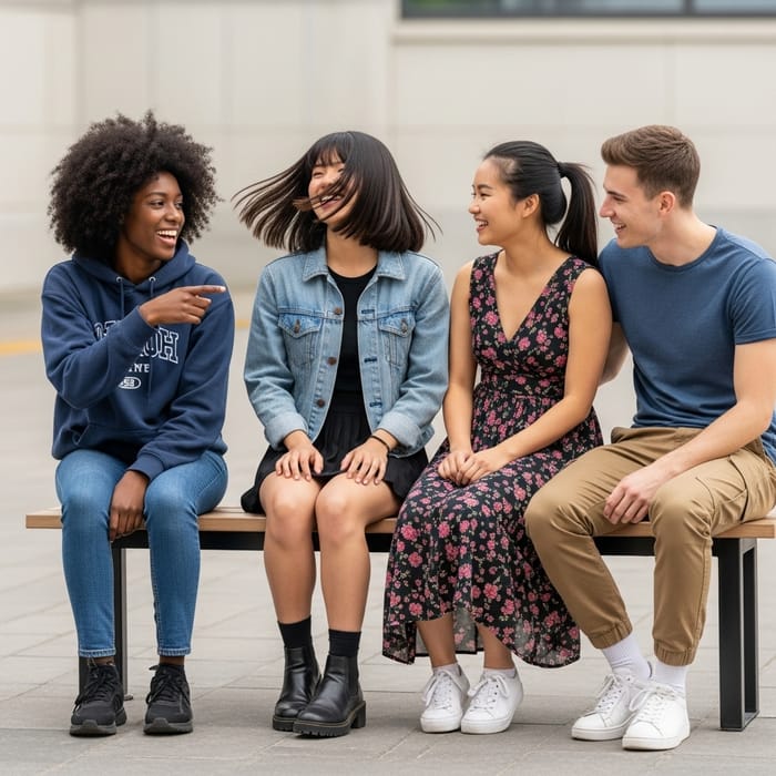 High School Friends Hanging Out | Diverse Group of Four Smiling High School Friends Hanging Out | Diverse Group of Four Smiling