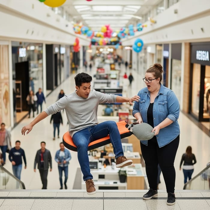Unusual Encounter in a Mall: Man Falls onto Giant Woman's Bust
