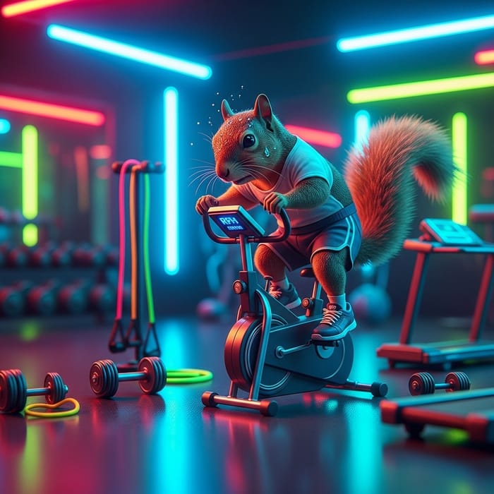 Spinning Squirrel in Neon-Lit Gym Spinning Squirrel in Neon-Lit Gym