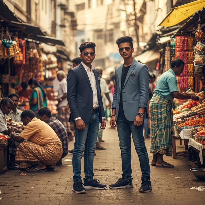 Dapper South Indian Boys in Hip Hop Style Amidst Lively Market Crowd