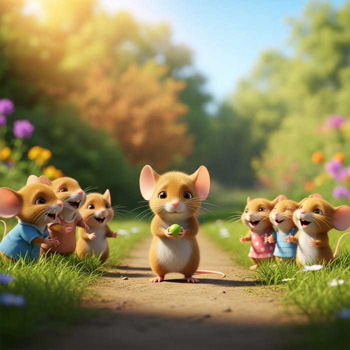 Adorable Sad Mouse Kid in a Sunny Garden Scene