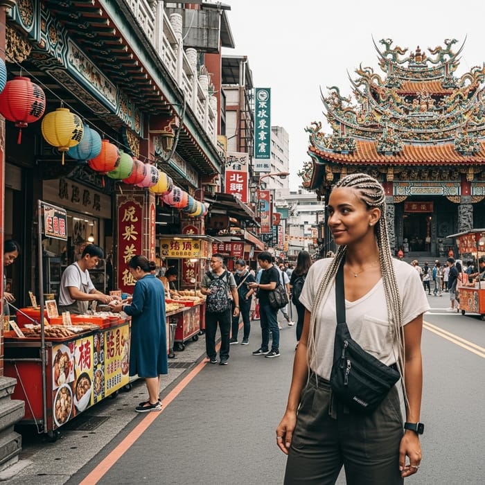 Taiwan Street Scene: Woman with Intricately Braided Hair & Sun-Kissed Skin