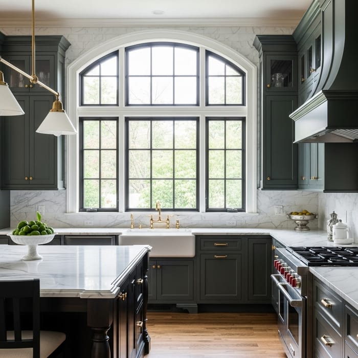 Dark Green Cabinets and White Marble | Stylish Kitchen Design Dark Green Cabinets and White Marble | Stylish Kitchen Design