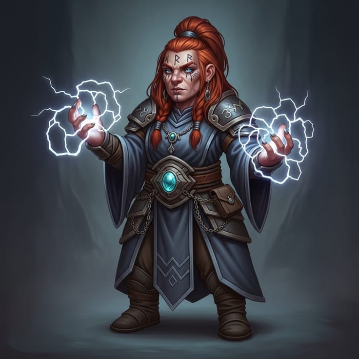 Red-Haired She-Dwarf Sorceress with Lightning Power and Gem Necklace Red-Haired She-Dwarf Sorceress with Lightning Power and Gem Necklace