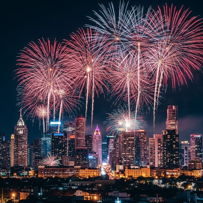 Vibrant City Skyline Fireworks Celebration - Canon EOS R5