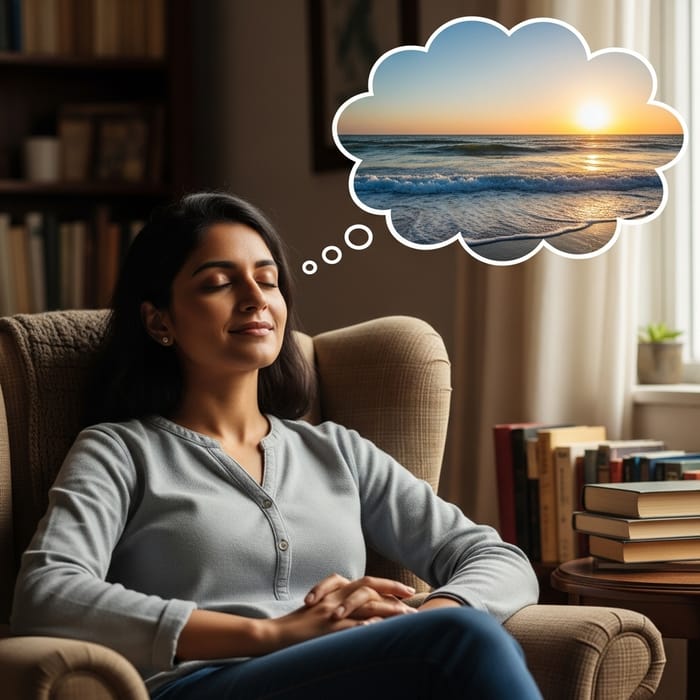 Dreaming South Asian Woman Imagines Ocean Beach Dreaming South Asian Woman Imagines Ocean Beach