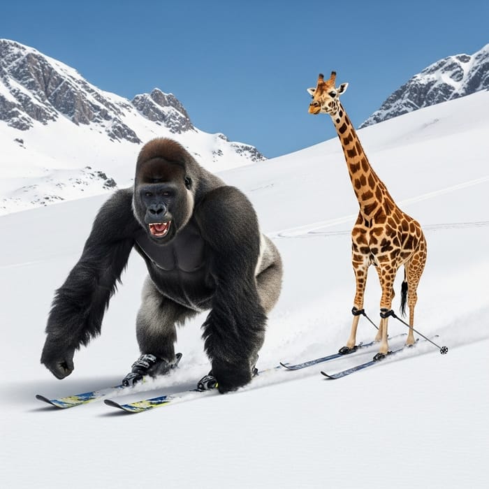 A Gorilla and Giraffe Skiing Down a Snow-Covered Mountain A Gorilla and Giraffe Skiing Down a Snow-Covered Mountain