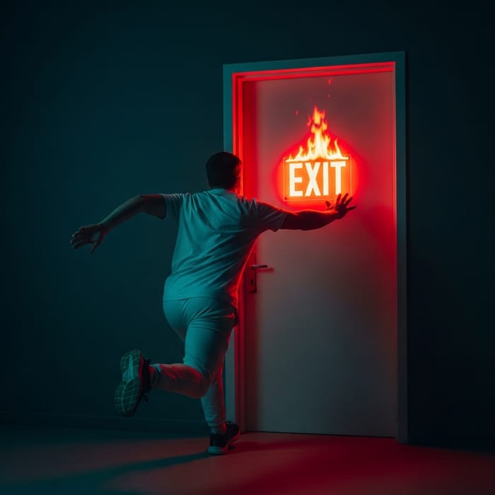 Man in White Running Towards Burning Red 'Exit' Sign