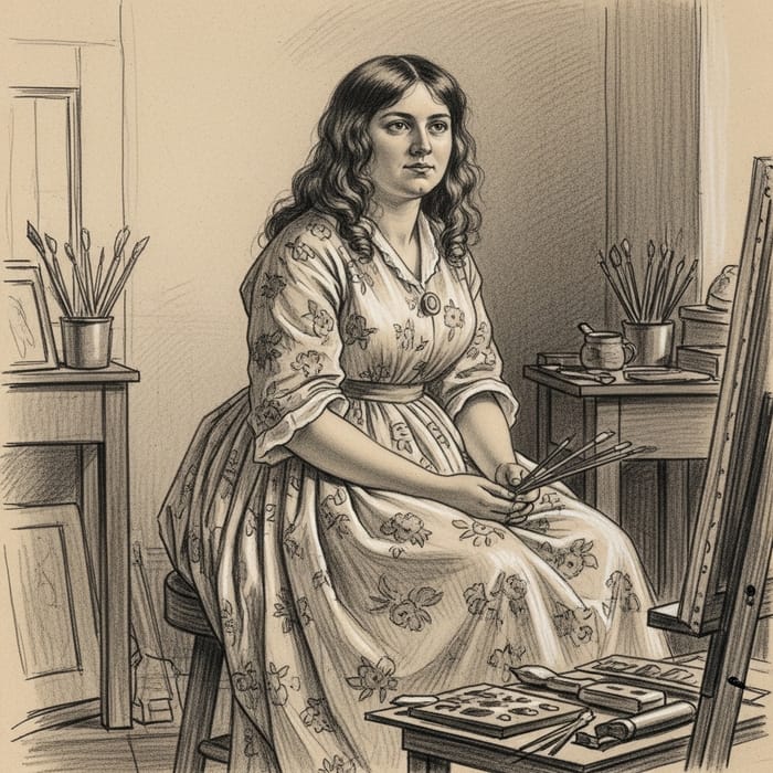 Vintage Charcoal Sketch of Woman in Floral Dress