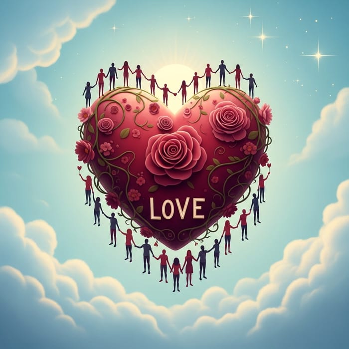 Symbolic Image of Unity and Love: Diverse People Holding Hands Around Giant Heart