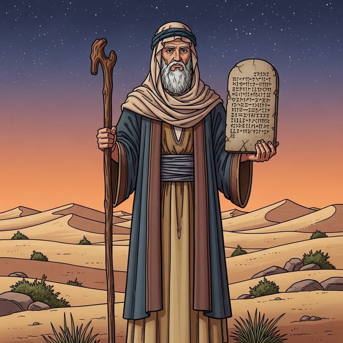 Moses: Ancient Prophet with Stone Tablet and Staff