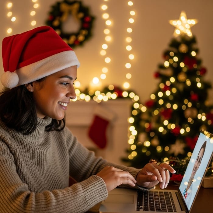 Festive Virtual Consultation with Smiling Individual and Holiday decorations Festive Virtual Consultation with Smiling Individual and Holiday decorations