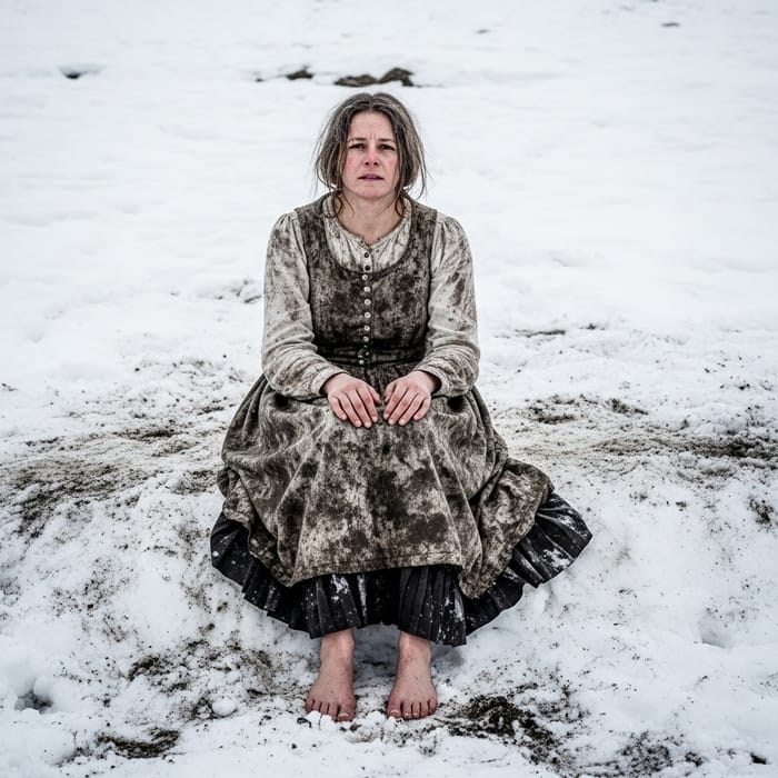 Woman in Dirty Dress Sits on Snow | Winter Scene Woman in Dirty Dress Sits on Snow | Winter Scene