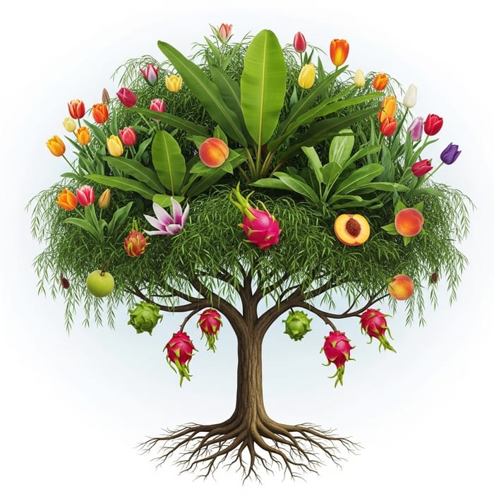 Unique Plant Organism: Oak Tree Trunk, Weeping Willow Branches, Banana Leaves, Tulip Flowers, Dragon Fruit