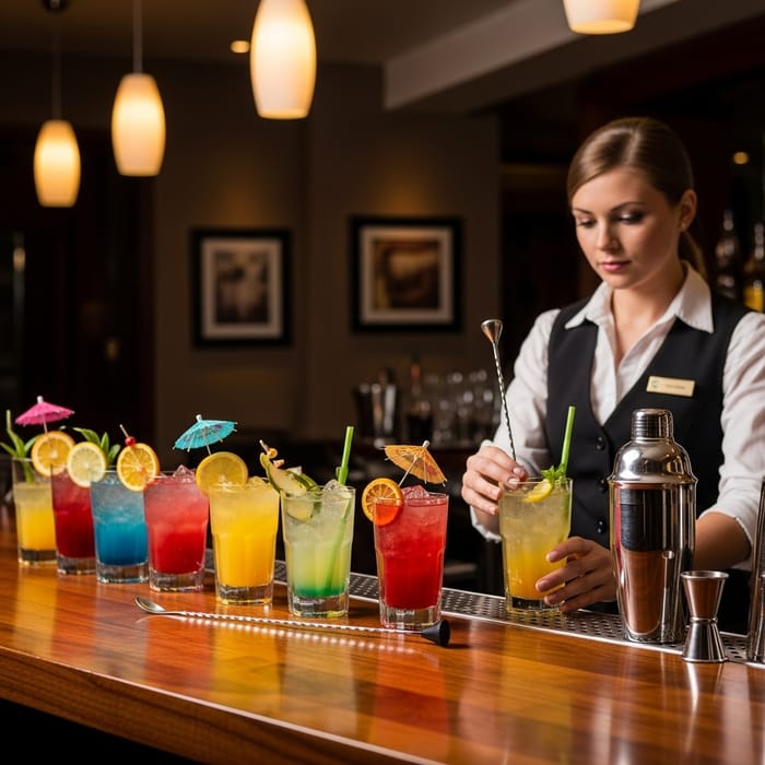 Captivating Cocktail Presentation at Bar: Vibrant Drinks & Bartender Captivating Cocktail Presentation at Bar: Vibrant Drinks & Bartender