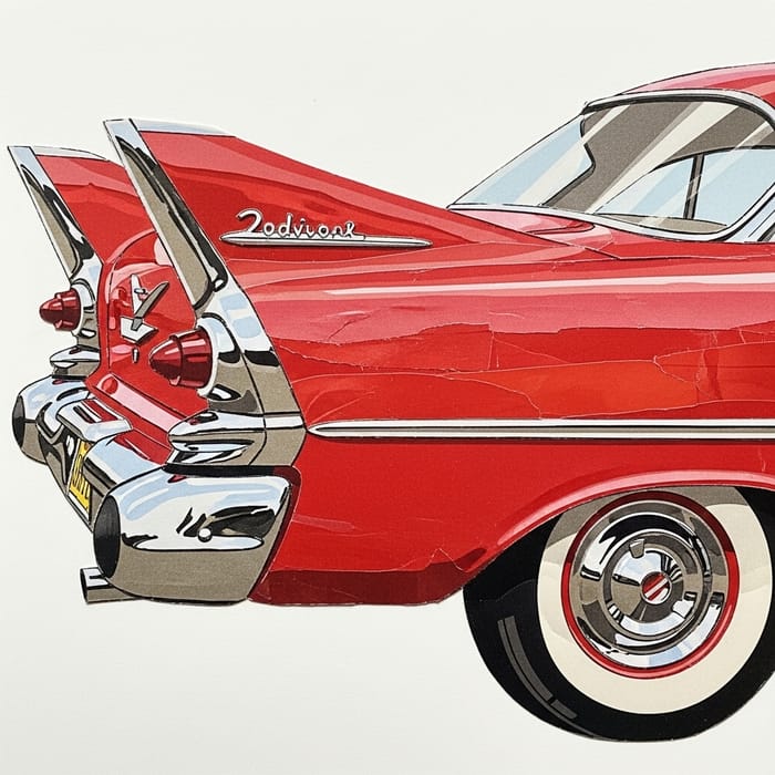Retro Red Car Collage Art: Handmade Vintage Masterpiece Retro Red Car Collage Art: Handmade Vintage Masterpiece