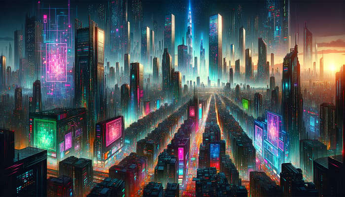 Futuristic Metropolis: Neon Lights, Cyberpunk Skyscrapers & Intriguing Ambiance