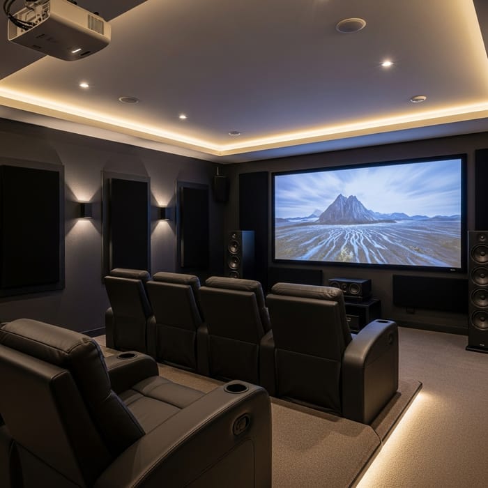 High-Tech Home Theater System with Surround Sound and UHD Projector