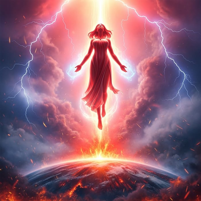 Nuwa Goddess of Creation in Fiery Sky with Celestial Lights Nuwa Goddess of Creation in Fiery Sky with Celestial Lights