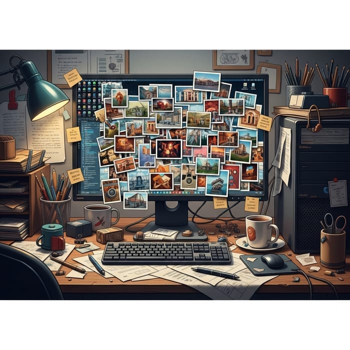 Messy Desktop Image - Computer Monitor Filled with Pictures Messy Desktop Image - Computer Monitor Filled with Pictures