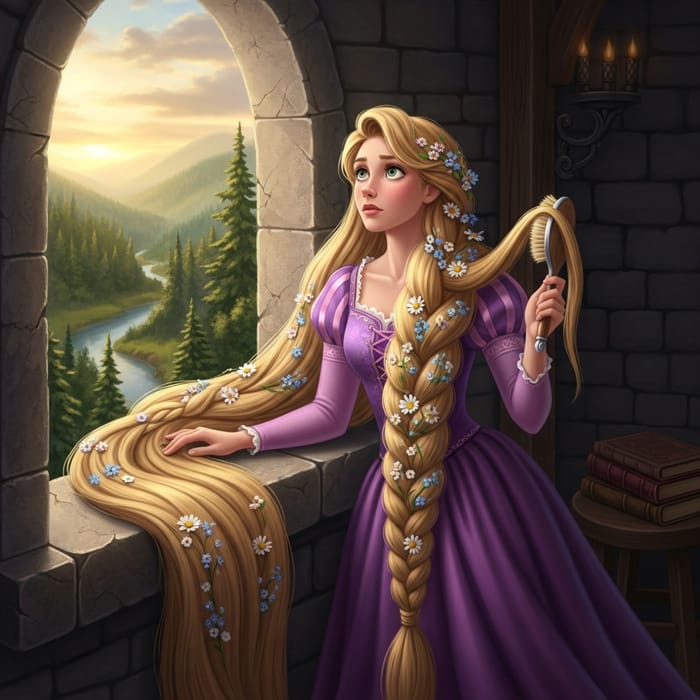 Golden-Haired Rupanzel in a Purple Dress