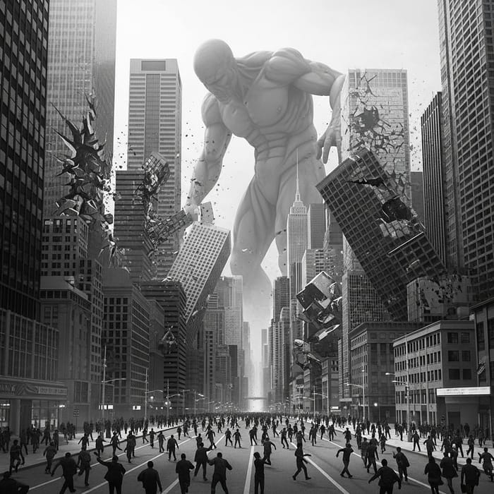 Colossal Monochrome Figure Destroying City Colossal Monochrome Figure Destroying City