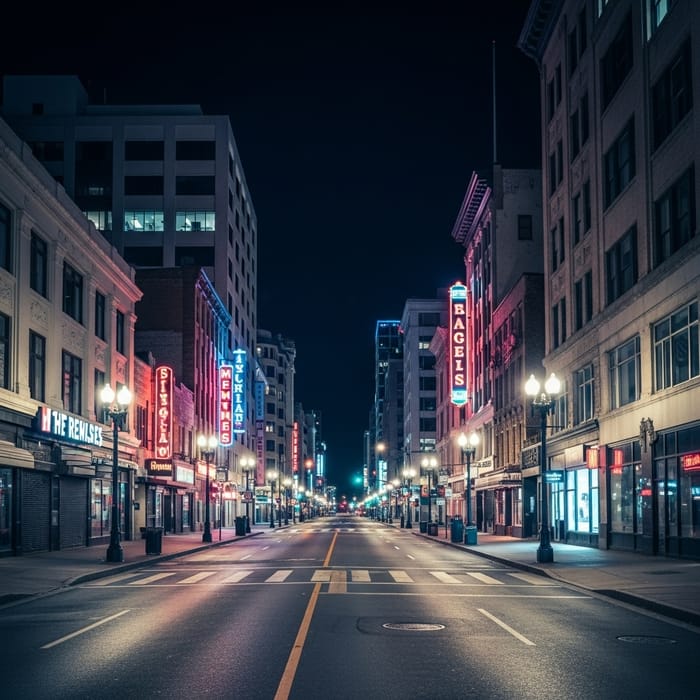 Empty City Streets at Night: Neon Lights & Tranquil Silence Empty City Streets at Night: Neon Lights & Tranquil Silence