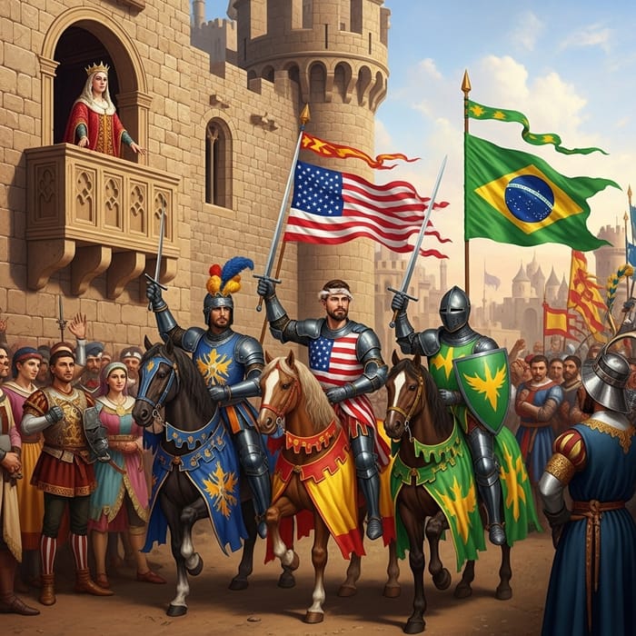 Renaissance Queen and Knights in Castle Balcony Artwork Renaissance Queen and Knights in Castle Balcony Artwork