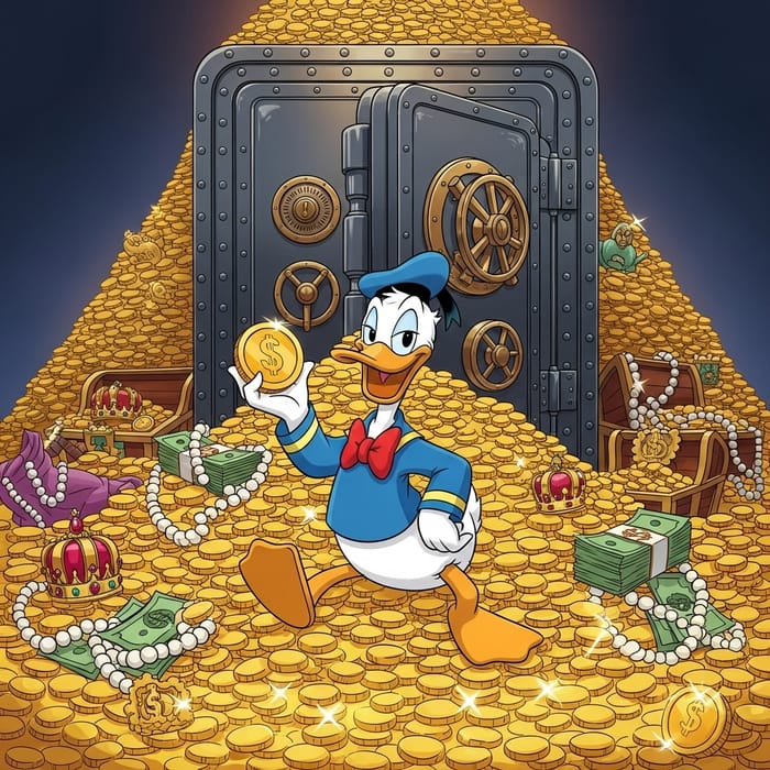 Donald Duck Surrounded by Gold Coins Near Giant Safe