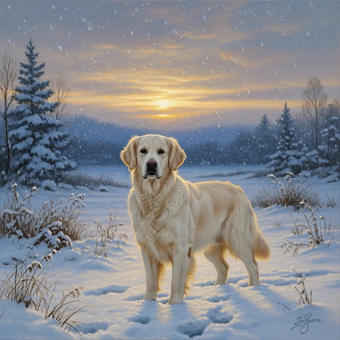 English Cream Golden Retriever Oil Painting in Snowy Sunrise Scene