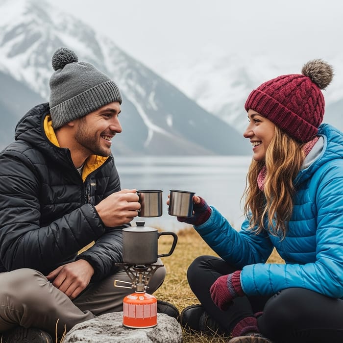 Happy Caucasian Couple Camping Near Snowy Mountain | Serene Adventure Happy Caucasian Couple Camping Near Snowy Mountain | Serene Adventure