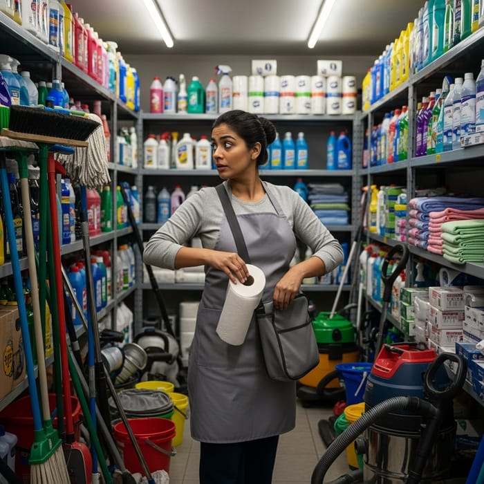 Sneaky Cleaner Stashing Toilet Paper | Warehouse Scene