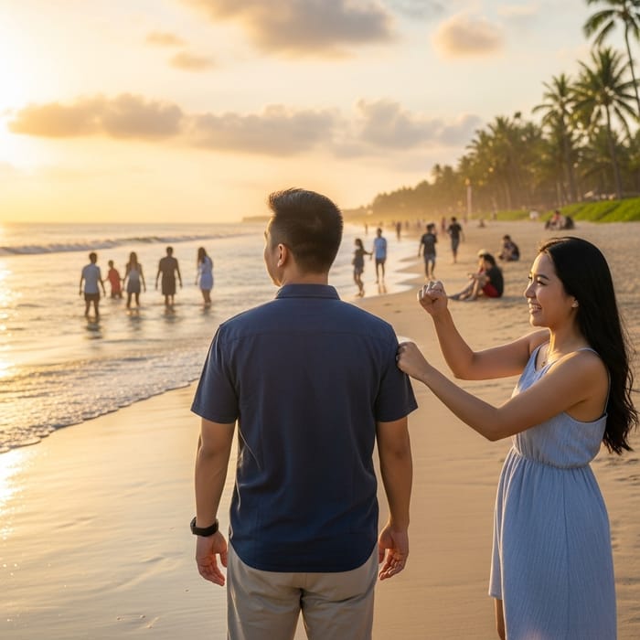 Southeast Asian Man Admiring Scenic Beauty at Beach, Playfully Punched