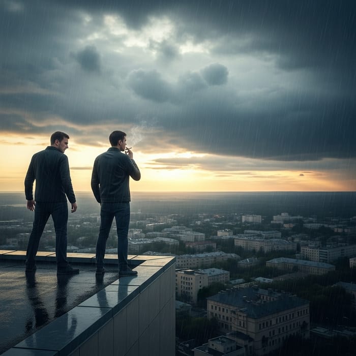 Man Contemplates Cityscape under Stormy Sky with Sinister Shadow Companion | Moody Urban Scene