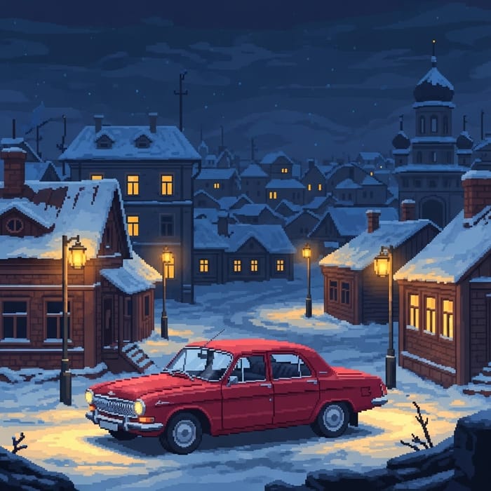 Cherry Red Volga 3102 in Winter Midnight Pixel Art Scene