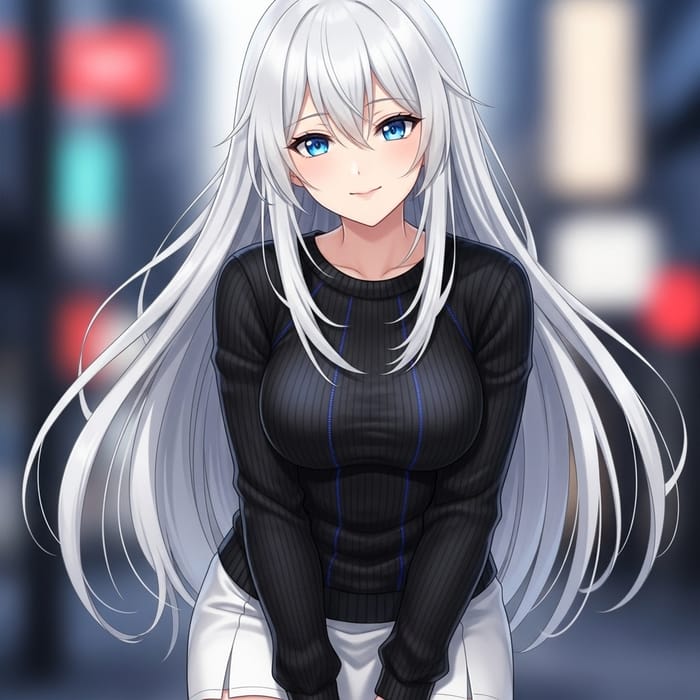 Girl with Long White Hair, Blue Eyes, Fair Skin in Black and Blue Sweater and White Miniskirt
