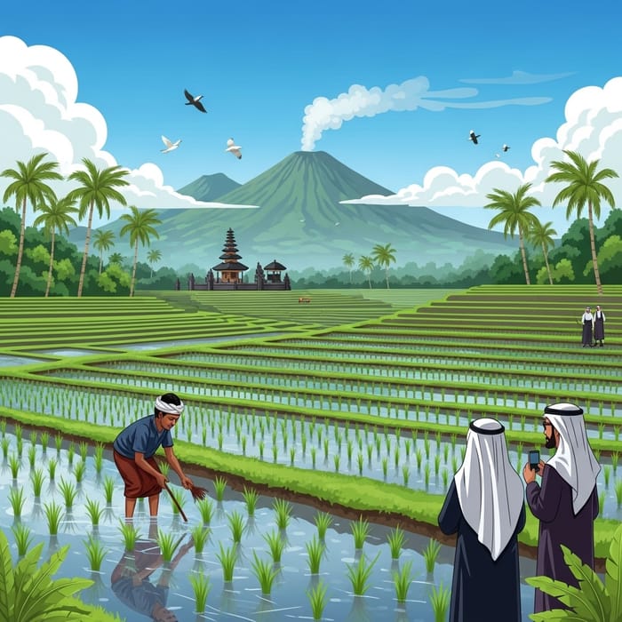 Serene Balinese Rice Terrace Overlooking Volcano