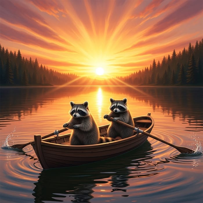 Tranquil Raccoons Rowing into Sunset on Forest Lake Tranquil Raccoons Rowing into Sunset on Forest Lake