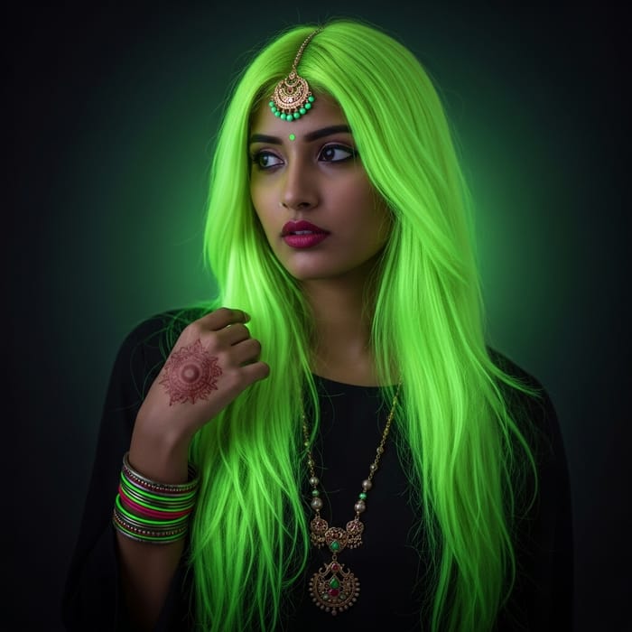 Stunning Girl with Long Neon-Colored Hair in Green