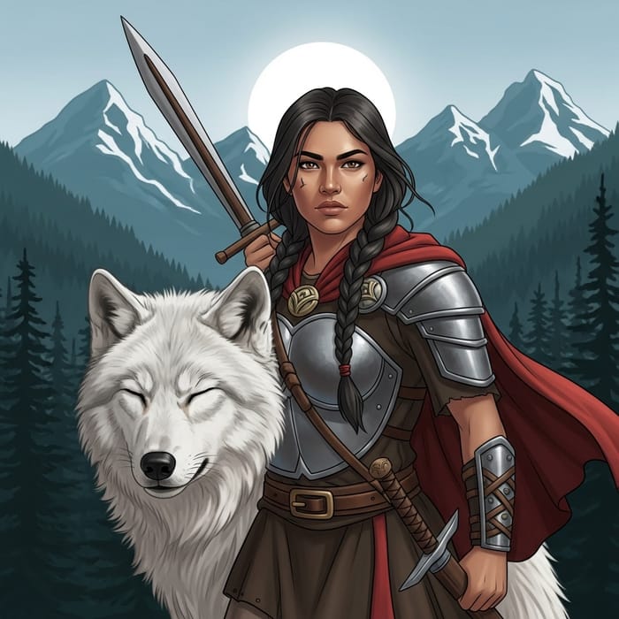 Warrior Woman with White Wolf in Forest Mountains | Art Digital Illustration Warrior Woman with White Wolf in Forest Mountains | Art Digital Illustration