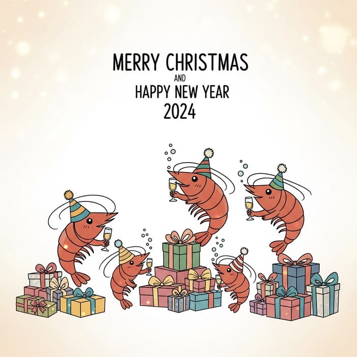 Shrimp Family Celebrating Christmas & New Year Card Design Shrimp Family Celebrating Christmas & New Year Card Design