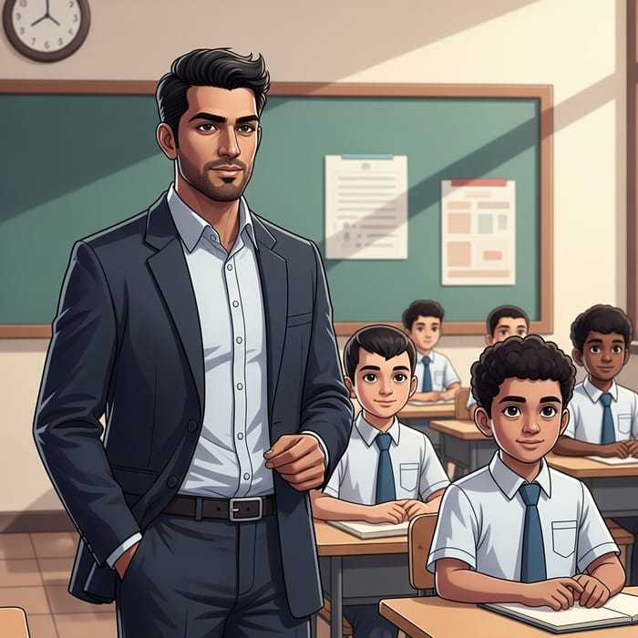 Dynamic School Classroom Scene with Handsome Teacher and Patient Student Dynamic School Classroom Scene with Handsome Teacher and Patient Student