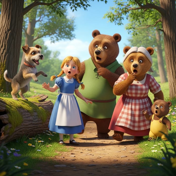 Feisty Perrito Playfully Barks at Goldilocks and Bears