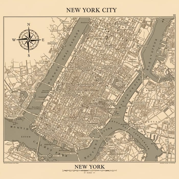 Vintage Map of New York City - Early 20th Century Cityscape